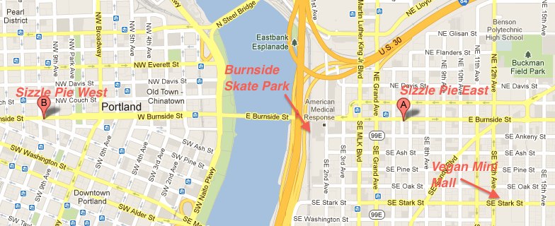 Map to Sizzle Pie, Burnside Skatepark and Vegan Mini-Mall
