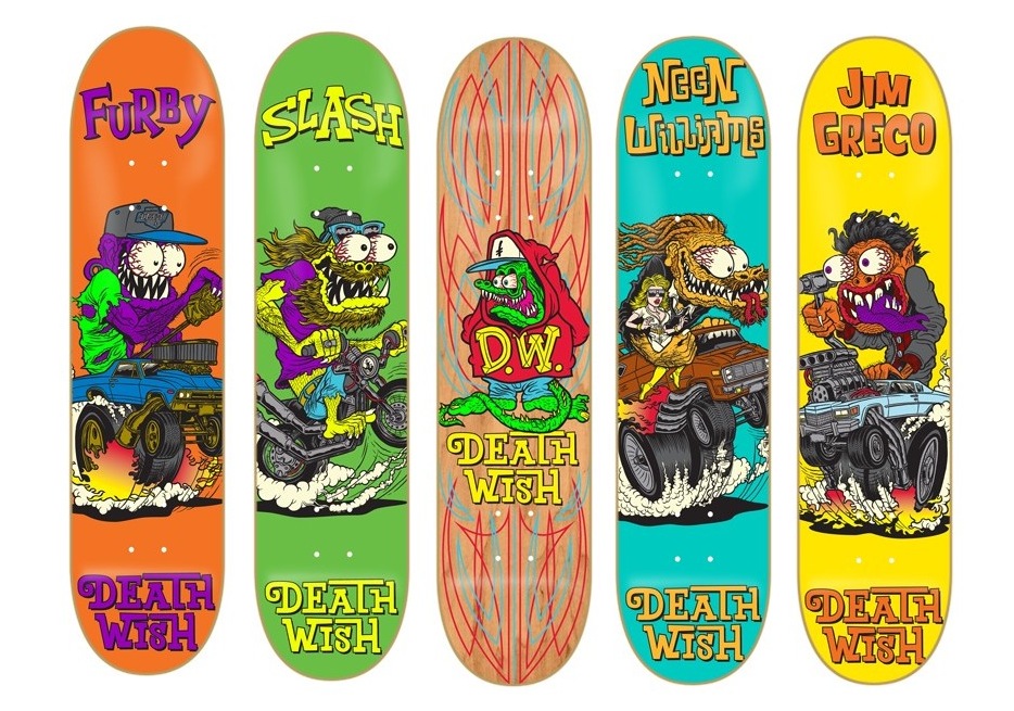 Deathwish Creeps II skateboard decks inspired by Ed "Big Daddy" Roth monsters, rat fink
